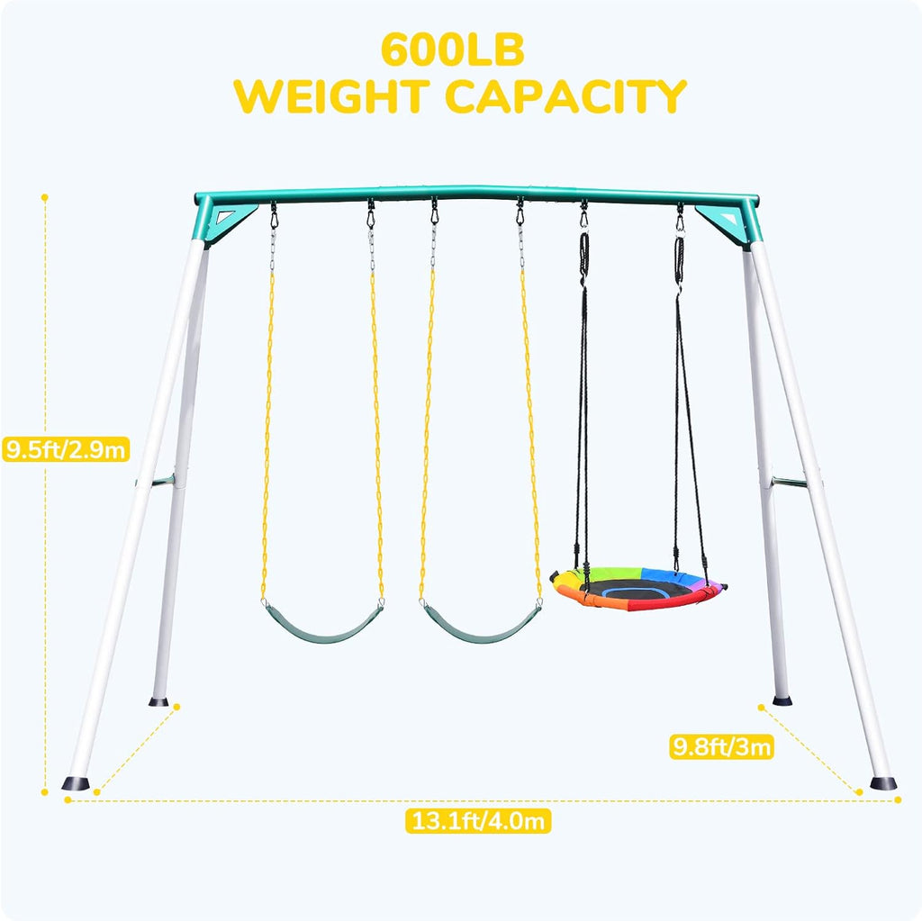 Hapfan 9.5ft Tall Swing Sets for Backyard for Big Kids & Adults (Patented) | 76mmφ Heavy Duty Metal Stand,600lbs Capacity,Saucer Swing+2 Belt Swings, ASTM | CPSC Compliant, Outdoor Swing Set for Family