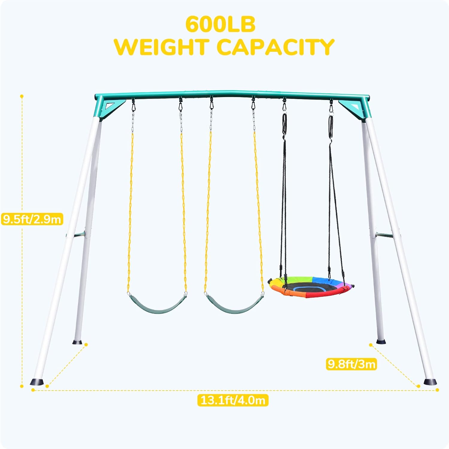 Hapfan 9.5ft Tall Swing Sets for Backyard for Big Kids & Adults (Patented) | 76mmφ Heavy Duty Metal Stand,600lbs Capacity,Saucer Swing+2 Belt Swings, ASTM | CPSC Compliant, Outdoor Swing Set for Family