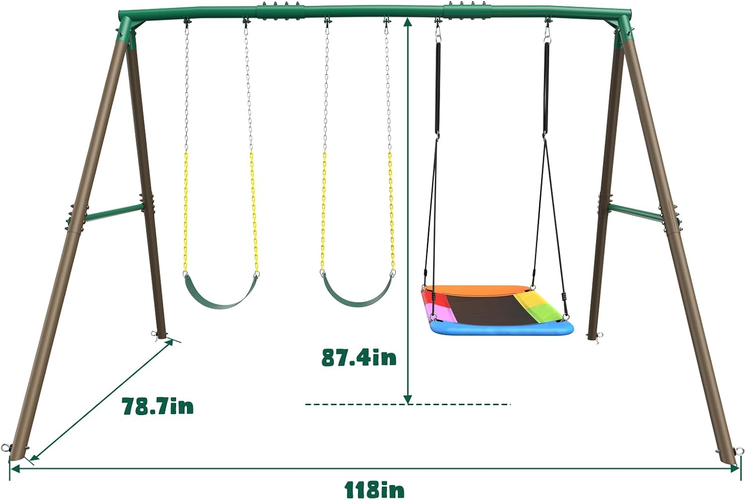 Hapfan 7.3ft Tall Swing Set for Backyard with 3 Swings (Brown &amp; Green) | 60mmφ Metal Pipe,Platform Swing + 2 Belt Swings,for Kids from Toddler to Teens, ASTM Tested | CPSC Safety Compliant(Patented)