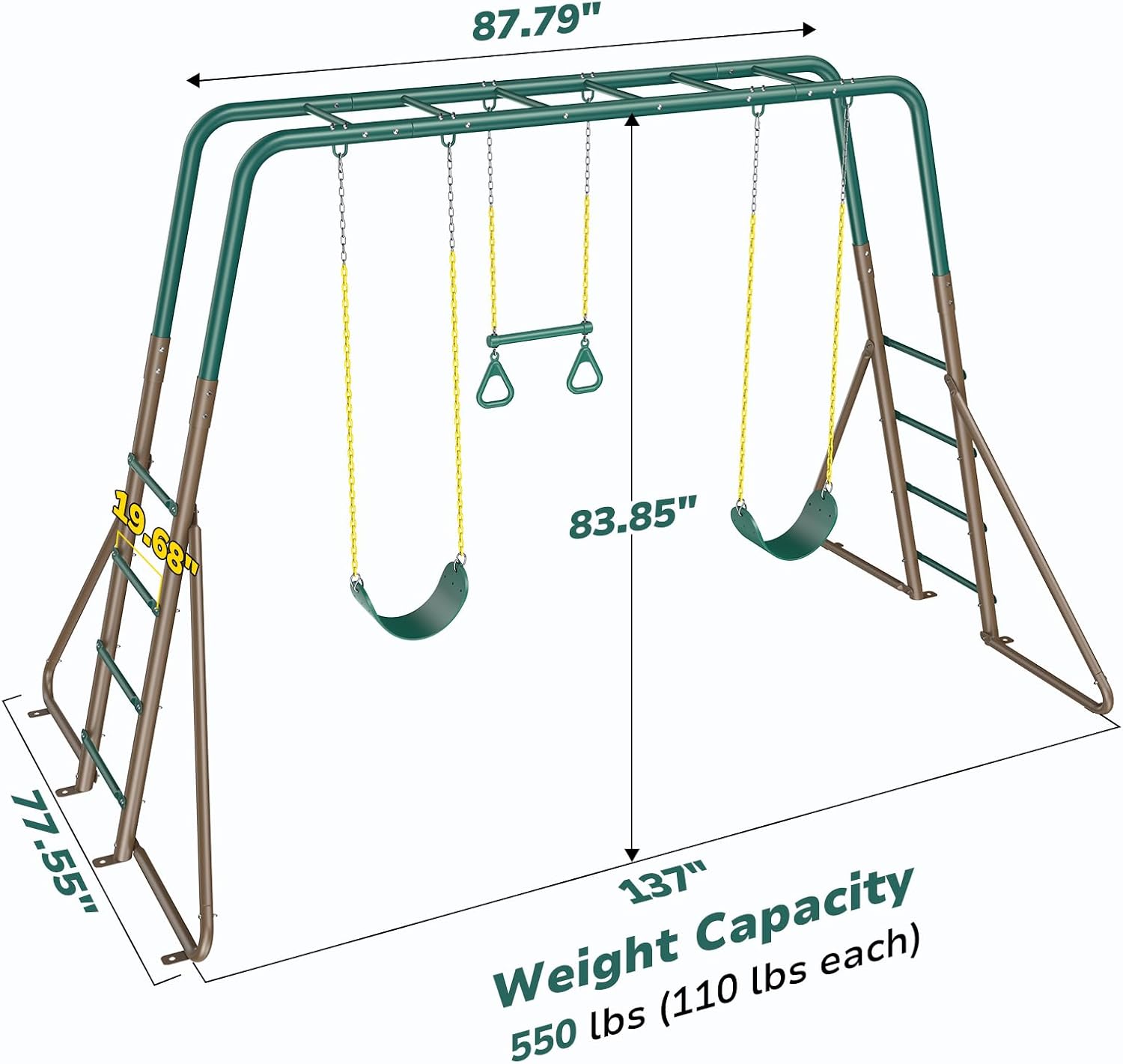 Hapfan 2 in 1 Swing Sets for Backyard with Monkey Bars | 7.55 ft long monkey bars, 2 Belt Swings + 1 Trapeze Bar, 45mmφ Heavy Duty Metal Stand，10in Taller than Others,Green & Brown