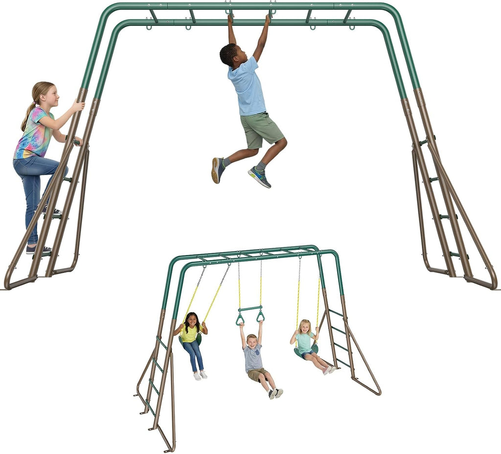 Hapfan 2 in 1 Swing Sets for Backyard with Monkey Bars | 7.55 ft long monkey bars, 2 Belt Swings + 1 Trapeze Bar, 45mmφ Heavy Duty Metal Stand，10in Taller than Others,Green & Brown