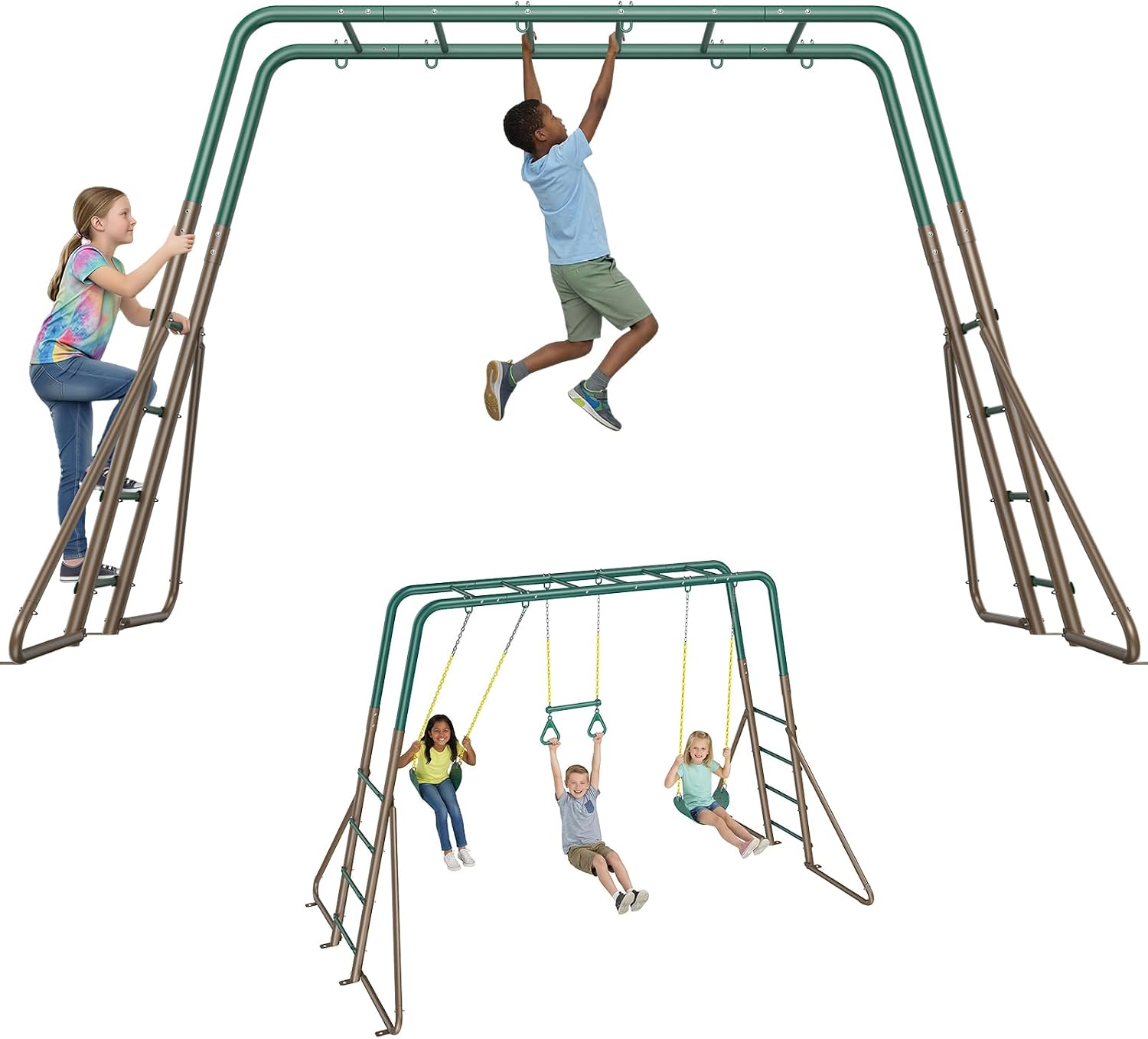 Hapfan 2 in 1 Swing Sets for Backyard with Monkey Bars | 7.55 ft long monkey bars, 2 Belt Swings + 1 Trapeze Bar, 45mmφ Heavy Duty Metal Stand，10in Taller than Others,Green & Brown