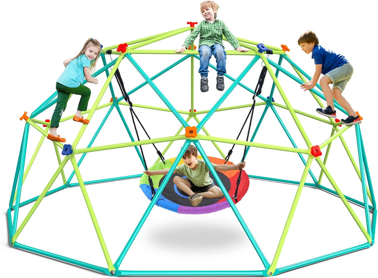 Hapfan 10 ft Climbing Dome Swing Set with Saucer Swing for Kids 3-12 | Jungle Gym for Kids Outdoor Backyard, Supports 800lbs, 3D Setup Video, Rust-Resistant Outdoor Playset, Moveable for Mowing