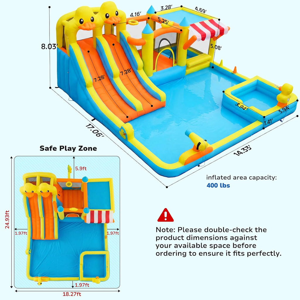 Hapfan Water Bounce House with Double Slide, 11 in 1 Inflatable Water Park | Market Stand+ Water Gun+ Splash Pool+ Climbing Wall+ Basketball,750W Blower Included,ASTM Tested | CPSC Safety Compliant