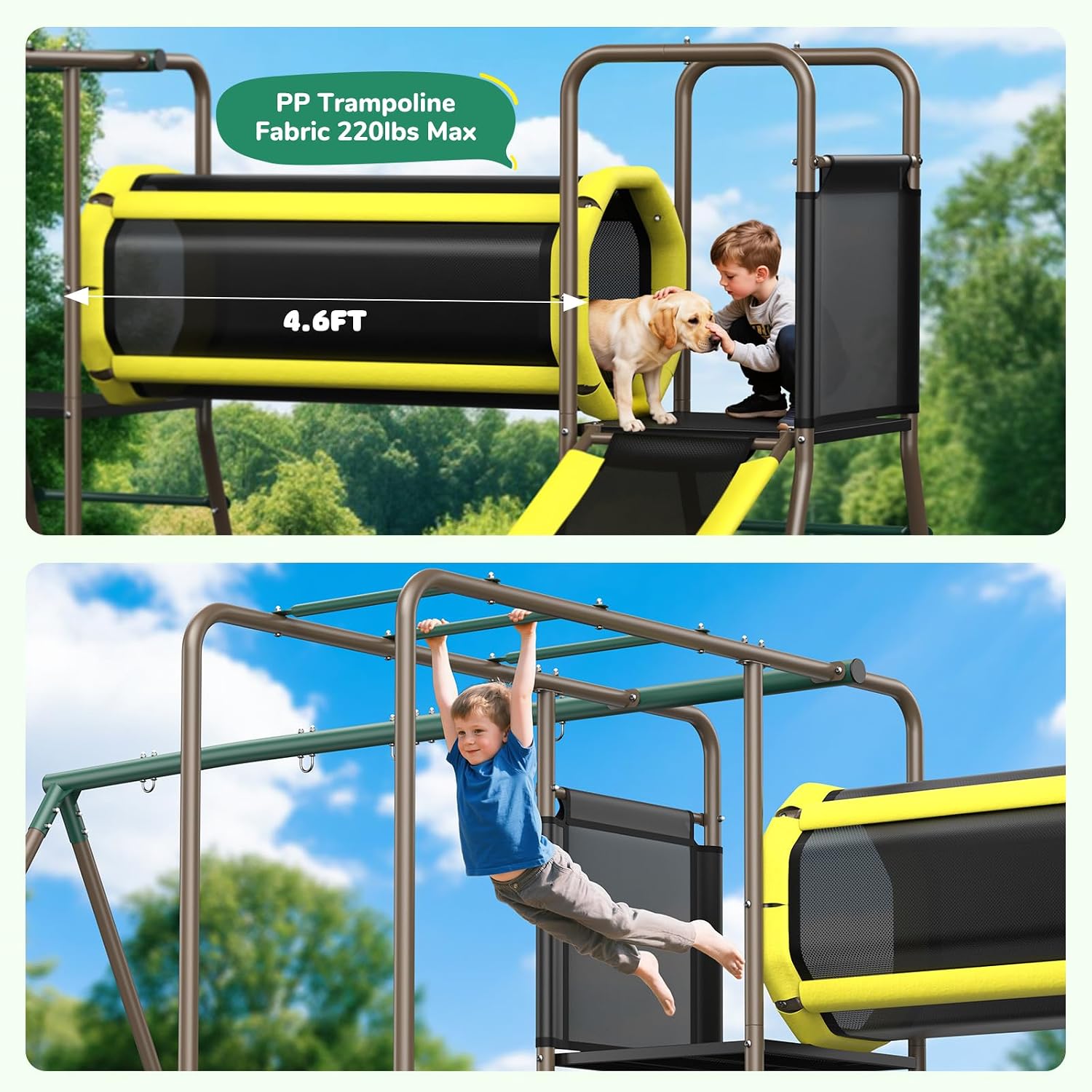 Hapfan Swing Set with Slide,Crawl Tunnel and Monkey Bars for Backyard | 5 in 1 Jungle Gym Outdoor : Saucer Swing + Belt Swing + Slide + Tunnel+ Monkey Bar,Galvanized Pipe, ASTM | CPSC Compliant