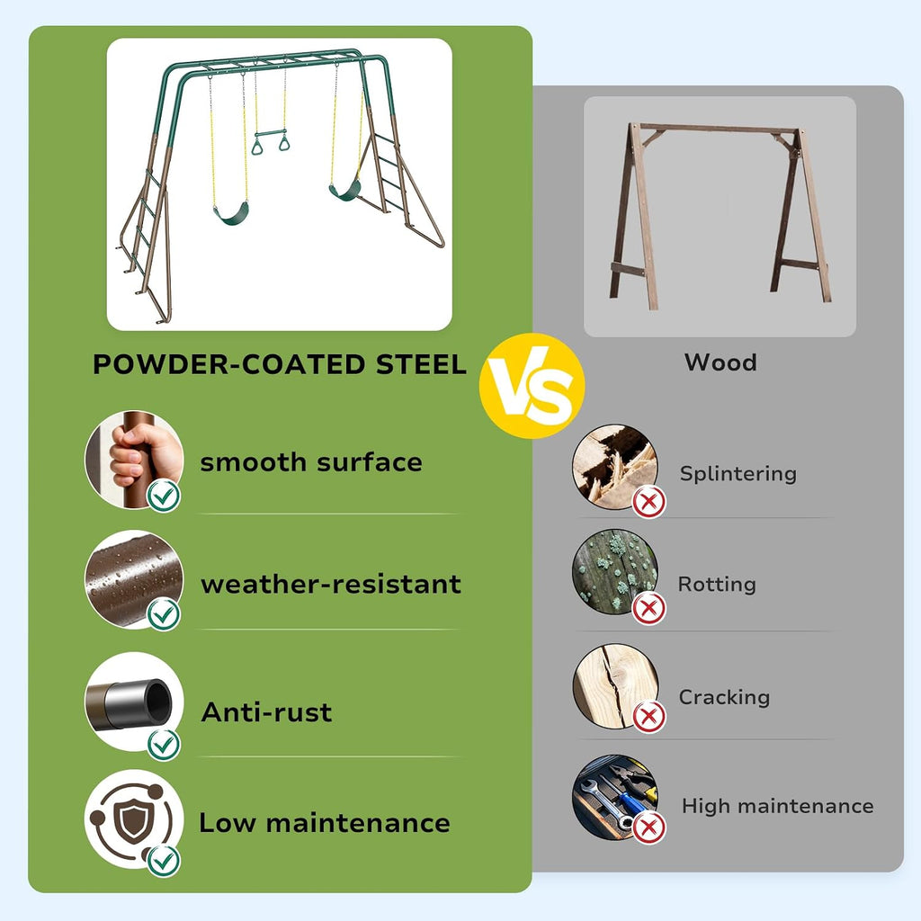 Hapfan 2 in 1 Swing Sets for Backyard with Monkey Bars | 7.55 ft long monkey bars, 2 Belt Swings + 1 Trapeze Bar, 45mmφ Heavy Duty Metal Stand，10in Taller than Others,Green & Brown