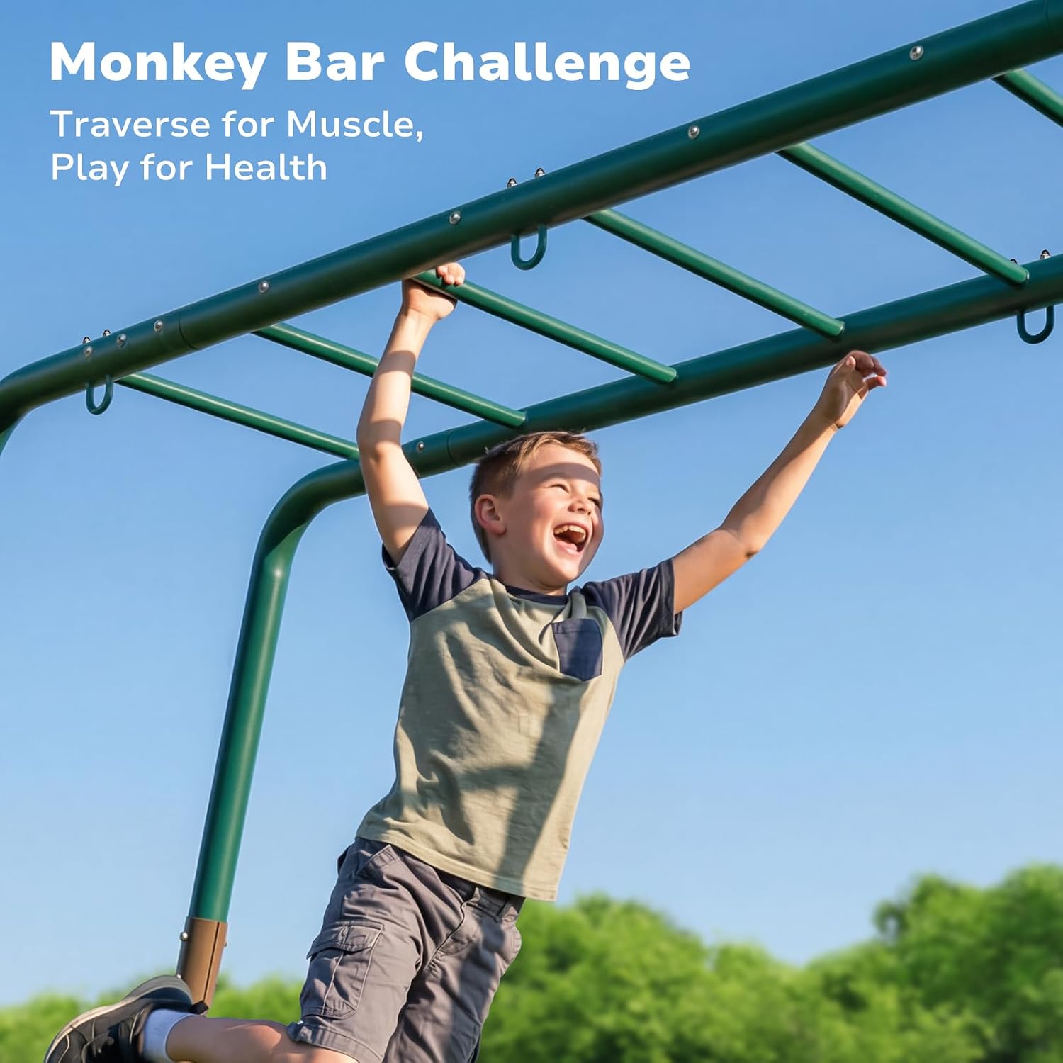 Hapfan 2 in 1 Swing Sets for Backyard with Monkey Bars | 7.55 ft long monkey bars, 2 Belt Swings + 1 Trapeze Bar, 45mmφ Heavy Duty Metal Stand，10in Taller than Others,Green & Brown