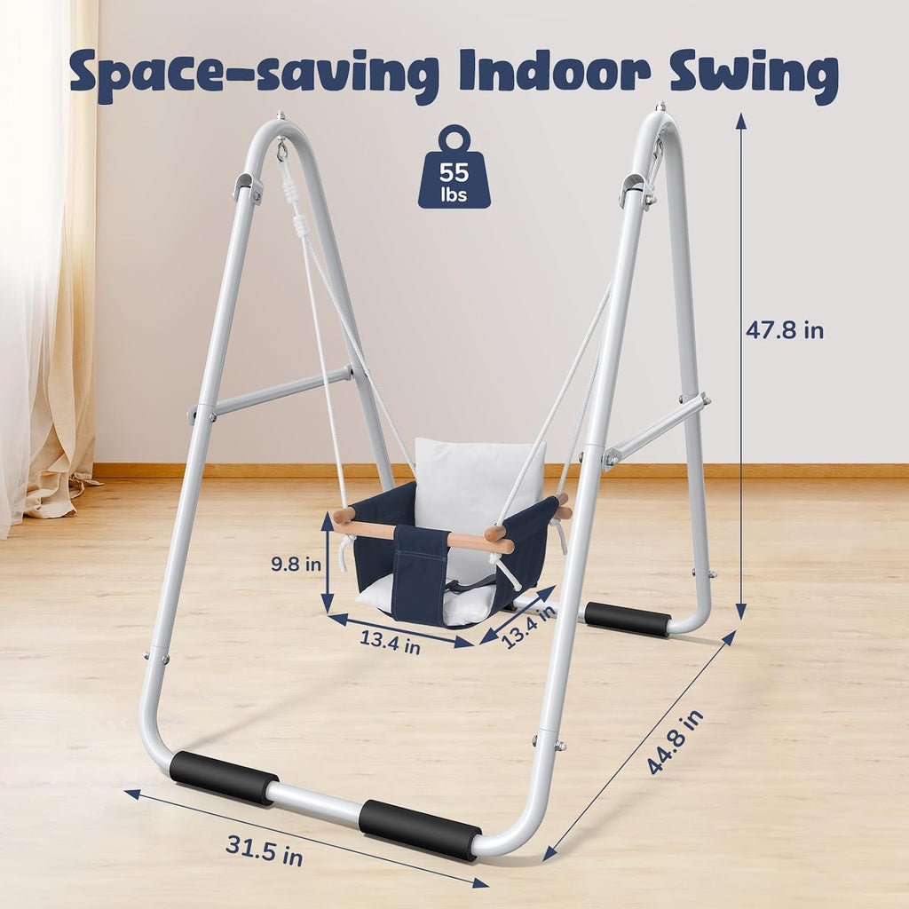 Hapfan Baby Swing Set with Foldable Stand for Indoors & Outdoors | Heavy Duty 32mm φ Metal Frame, Cotton Swing with Safety Harness, Adjustable Seat Height, Bearing 55lbs, for Toddler 6–36M