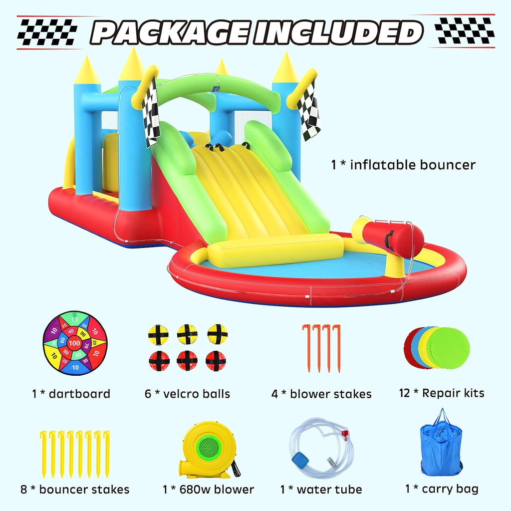 Hapfan Wet/Dry Inflatable Obstacle Course Bounce House,with 680W Blower | with Ball Pit + Double Slide + Tunnel + Climbing Wall,Design for Indoors & Outdoors,ASTM Tested | CPSC Safety Compliant