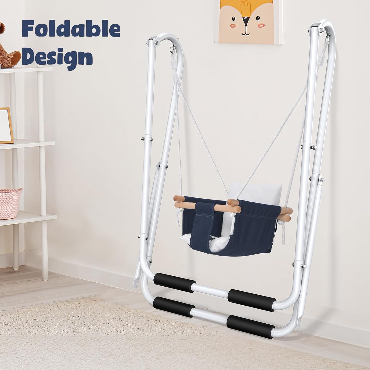 Hapfan Baby Swing Set with Foldable Stand for Indoors & Outdoors | Heavy Duty 32mm φ Metal Frame, Cotton Swing with Safety Harness, Adjustable Seat Height, Bearing 55lbs, for Toddler 6–36M