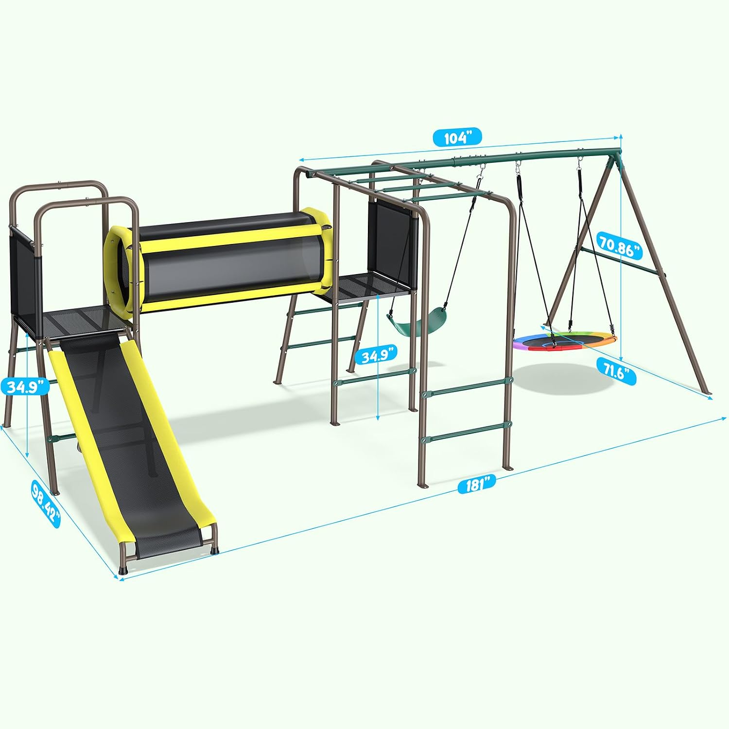 Hapfan Swing Set with Slide,Crawl Tunnel and Monkey Bars for Backyard | 5 in 1 Jungle Gym Outdoor : Saucer Swing + Belt Swing + Slide + Tunnel+ Monkey Bar,Galvanized Pipe, ASTM | CPSC Compliant