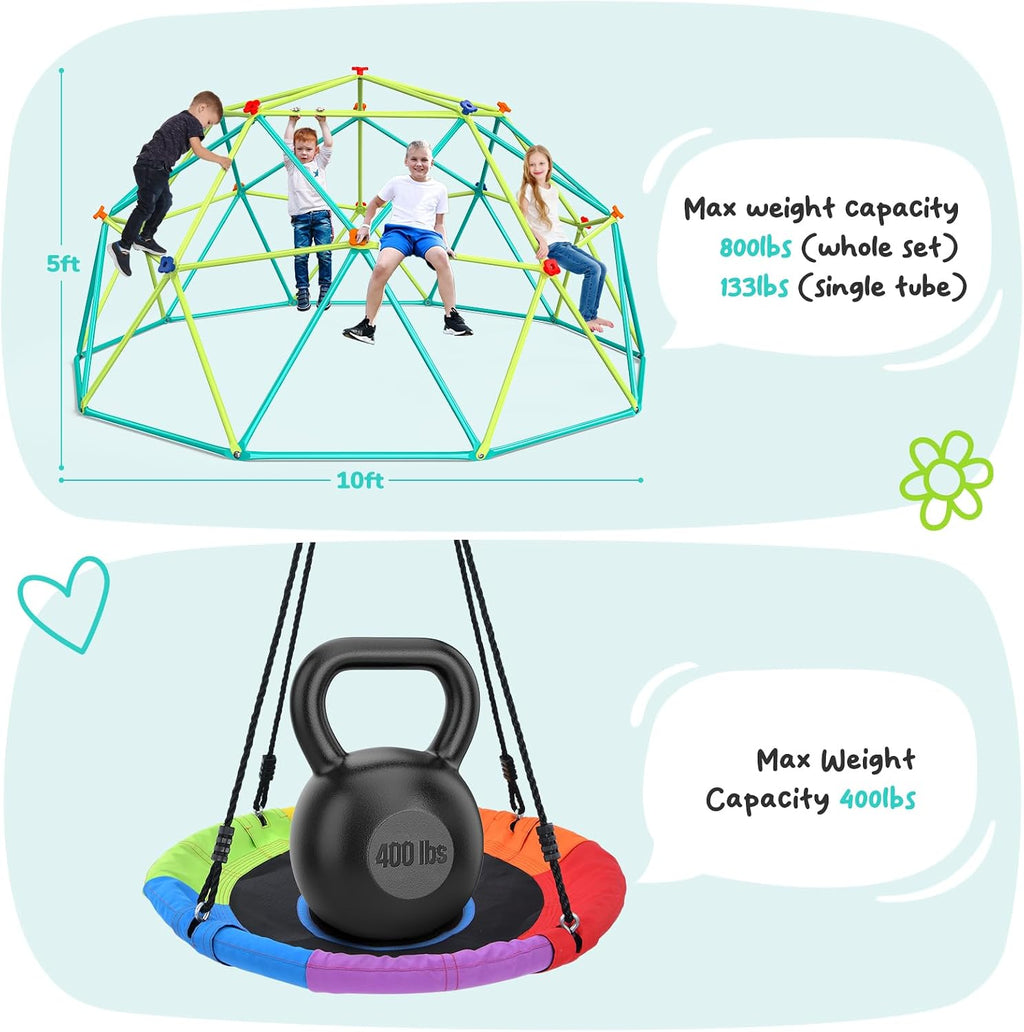 Hapfan 10 ft Climbing Dome Swing Set with Saucer Swing for Kids 3-12 | Jungle Gym for Kids Outdoor Backyard, Supports 800lbs, 3D Setup Video, Rust-Resistant Outdoor Playset, Moveable for Mowing