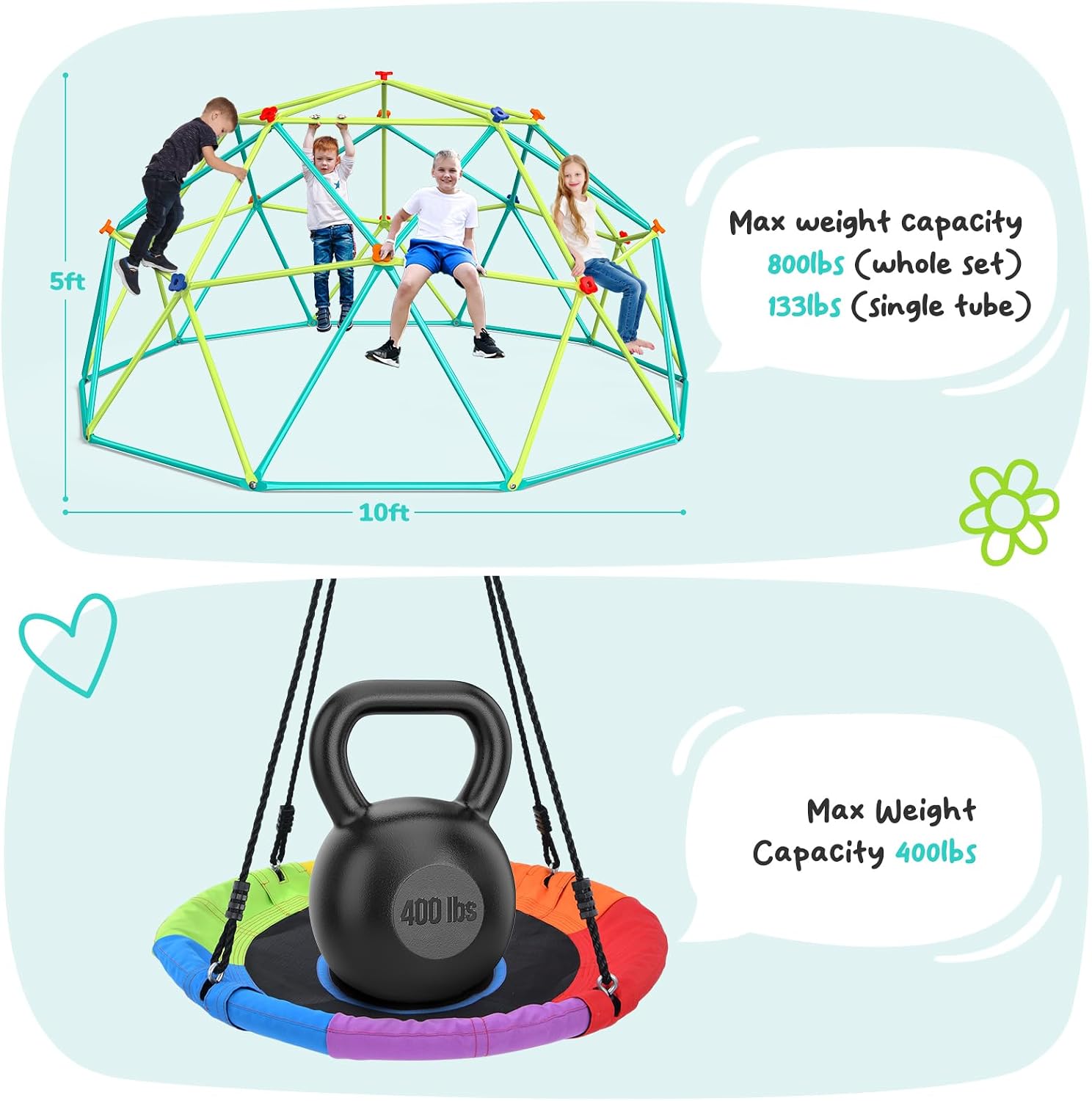 Hapfan 10 ft Climbing Dome Swing Set with Saucer Swing for Kids 3-12 | Jungle Gym for Kids Outdoor Backyard, Supports 800lbs, 3D Setup Video, Rust-Resistant Outdoor Playset, Moveable for Mowing