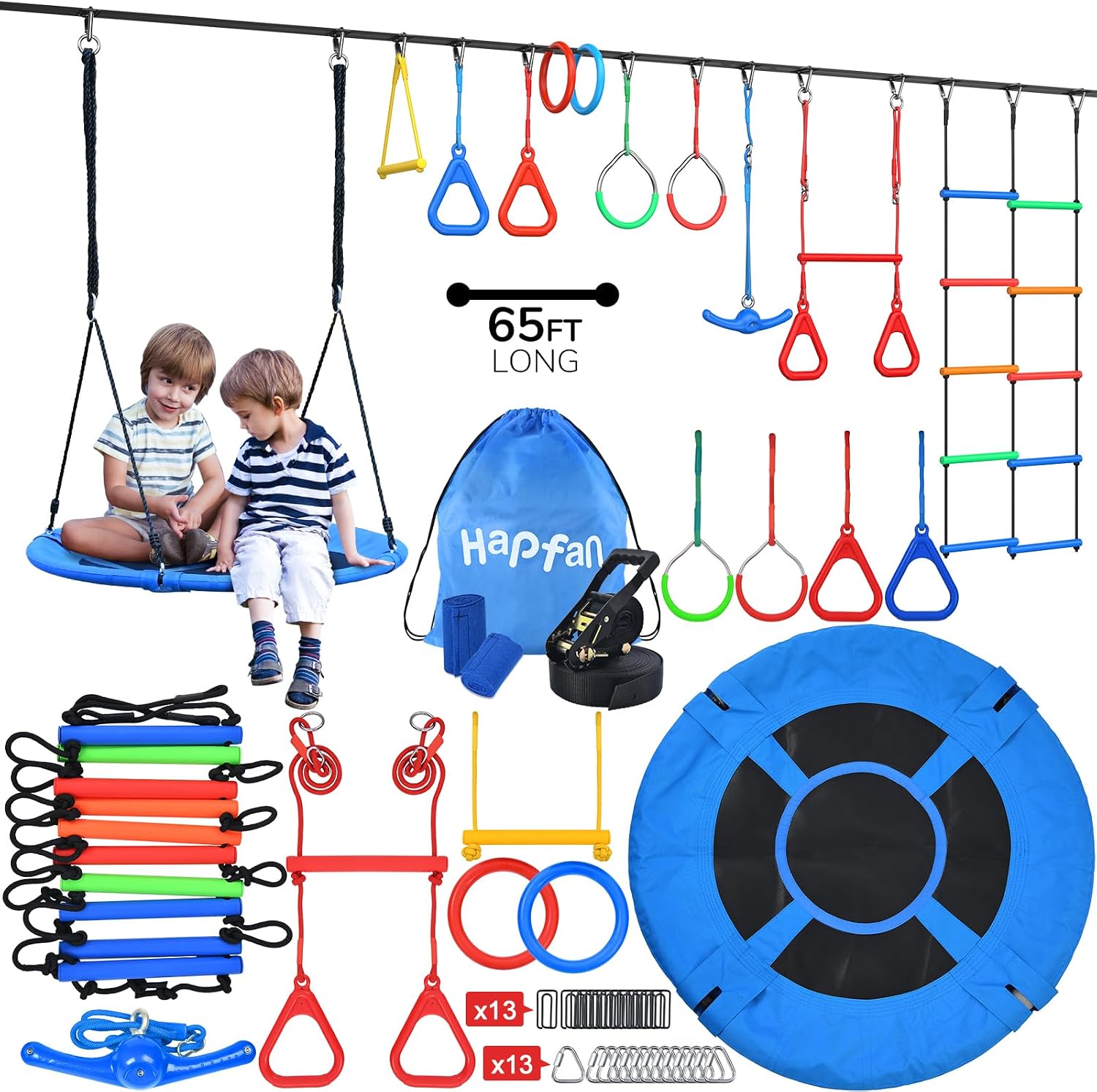 Hapfan 65 ft Ninja Warrior Obstacle Course for Kids with Saucer Tree Swing | Slackline Swing Set, Long Ninja Obstacle Course for Backyard Outside with 11 Accessories, Supports 880 lbs