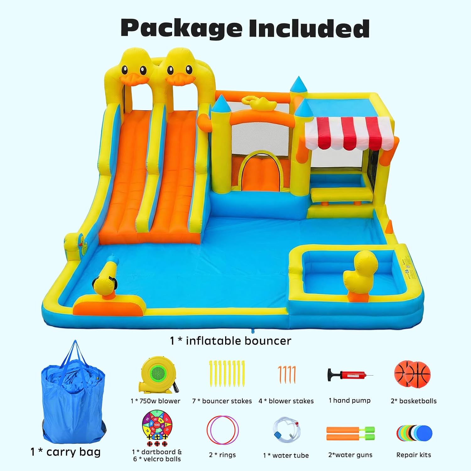 Hapfan Water Bounce House with Double Slide, 11 in 1 Inflatable Water Park | Market Stand+ Water Gun+ Splash Pool+ Climbing Wall+ Basketball,750W Blower Included,ASTM Tested | CPSC Safety Compliant