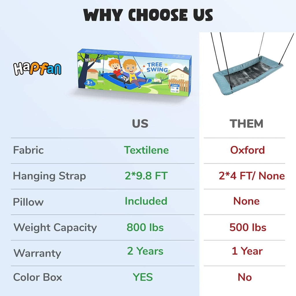 Hapfan 800lbs 60" Platform Tree Swing for Kids and Adults with Pillow, Heavy Duty Large Rectangle Swing for Kids Outdoor, Textilene Fabric, 9.8 FT Hanging Straps