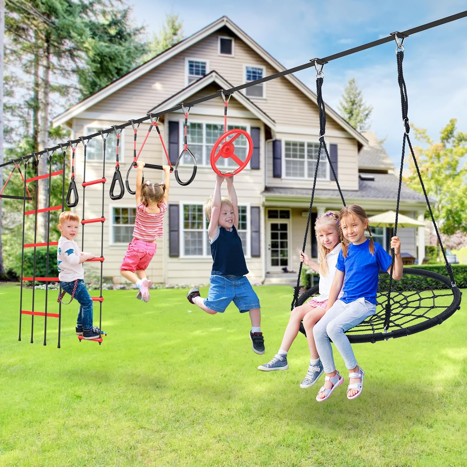 Hapfan 50 ft Ninja Warrior Obstacle Course for Kids with Spider Tree Swing | Slackline Swing Set Jungle Gym Between Trees – Adjustable, Weatherproof Obstacles, 880lbs Capacity