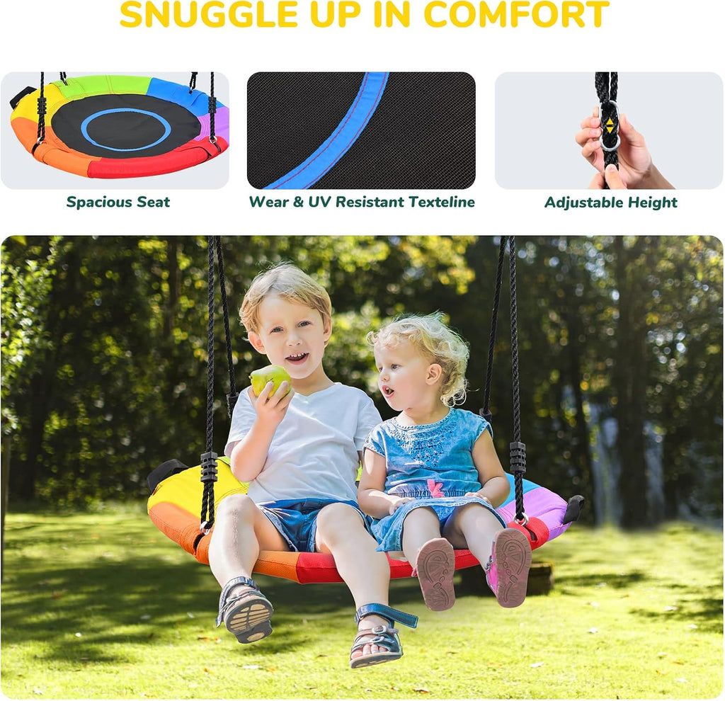 Hapfan 9.5ft Tall Swing Sets for Backyard for Big Kids & Adults (Patented) | 76mmφ Heavy Duty Metal Stand,600lbs Capacity,Saucer Swing+2 Belt Swings, ASTM | CPSC Compliant, Outdoor Swing Set for Family