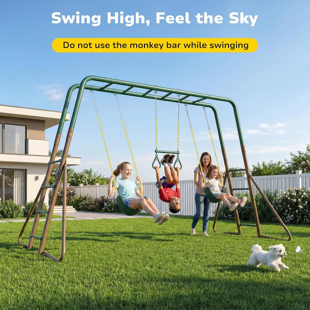 Hapfan 2 in 1 Swing Sets for Backyard with Monkey Bars | 7.55 ft long monkey bars, 2 Belt Swings + 1 Trapeze Bar, 45mmφ Heavy Duty Metal Stand，10in Taller than Others,Green & Brown