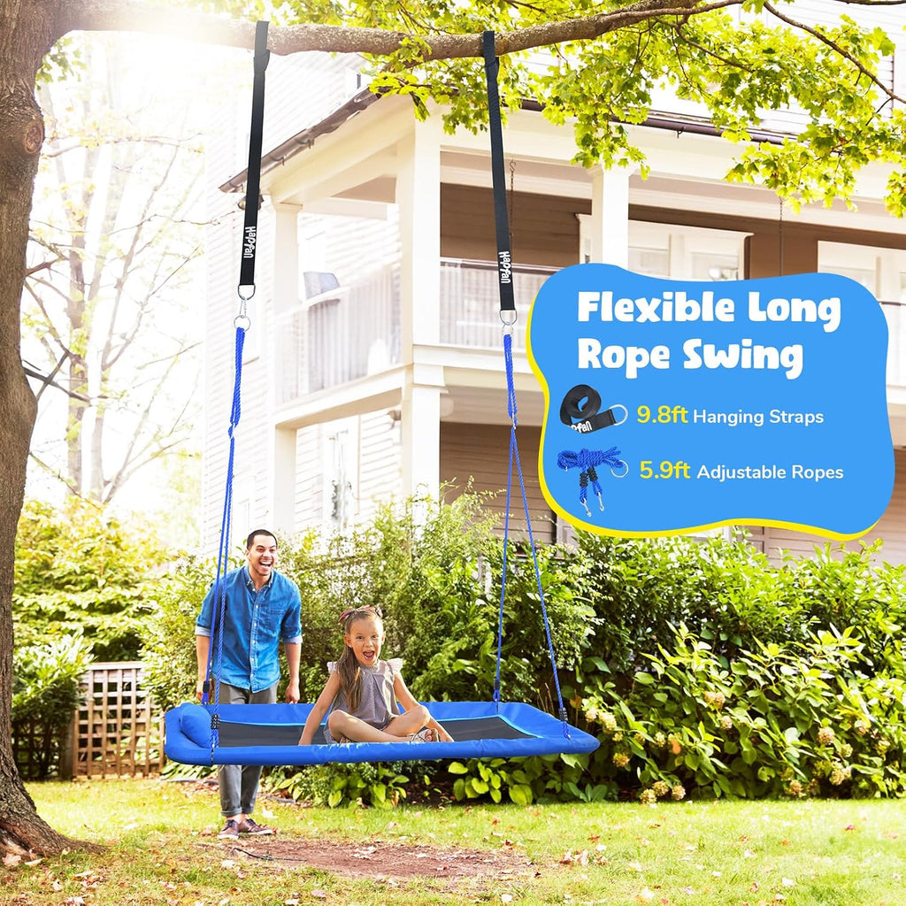 Hapfan 800lbs 60" Platform Tree Swing for Kids and Adults with Pillow, Heavy Duty Large Rectangle Swing for Kids Outdoor, Textilene Fabric, 9.8 FT Hanging Straps