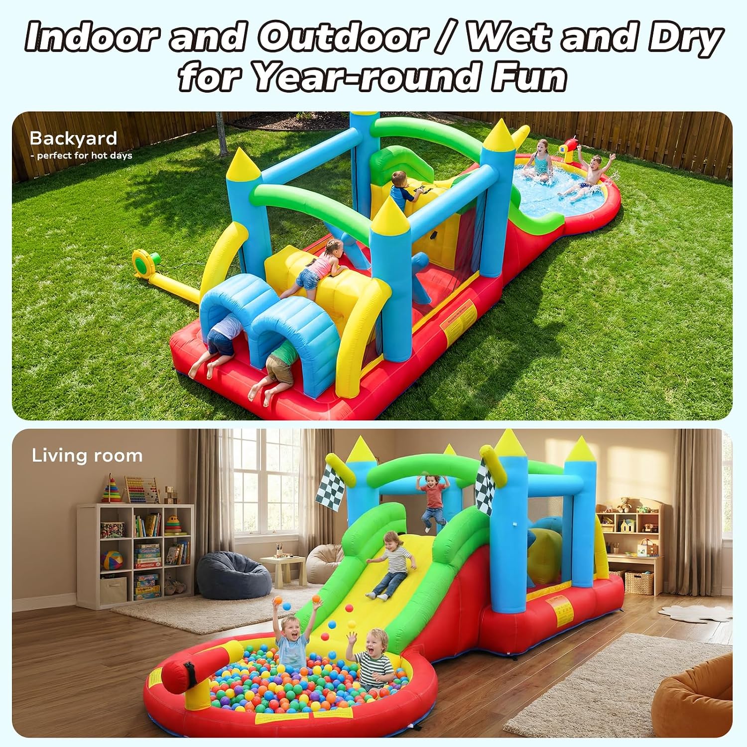 Hapfan Wet/Dry Inflatable Obstacle Course Bounce House,with 680W Blower | with Ball Pit + Double Slide + Tunnel + Climbing Wall,Design for Indoors & Outdoors,ASTM Tested | CPSC Safety Compliant