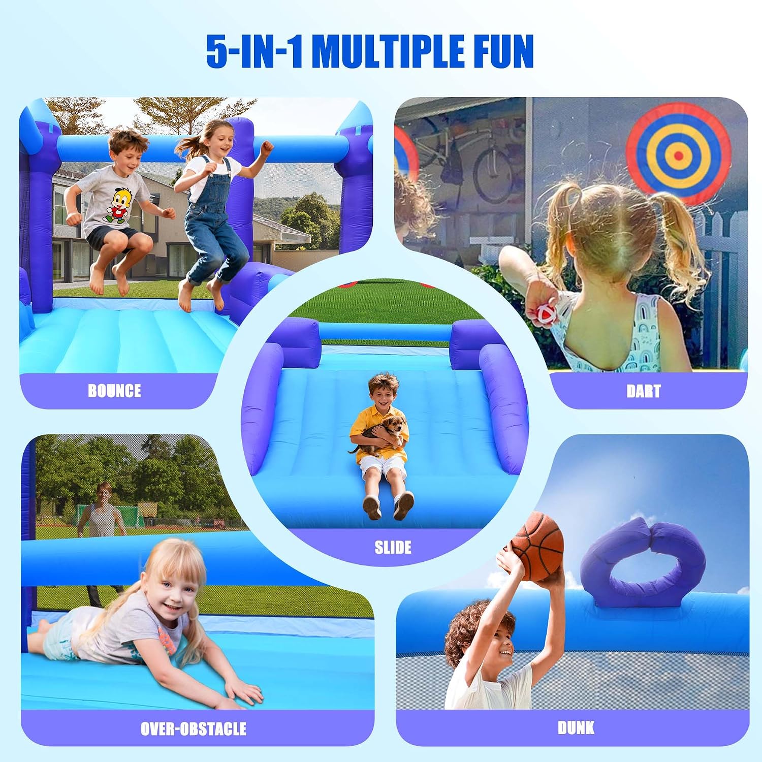 Hapfan 15ft x 12ft Large Bounce House for Big Kids,with 750W Blower-Purple | 5-in-1: Bouncer + Slide + Basketball + Dartboard + Barrier, for Kids 3-12, Holds 6 Kids,Bearing 600lbs,ASTM | CPSC Compliant