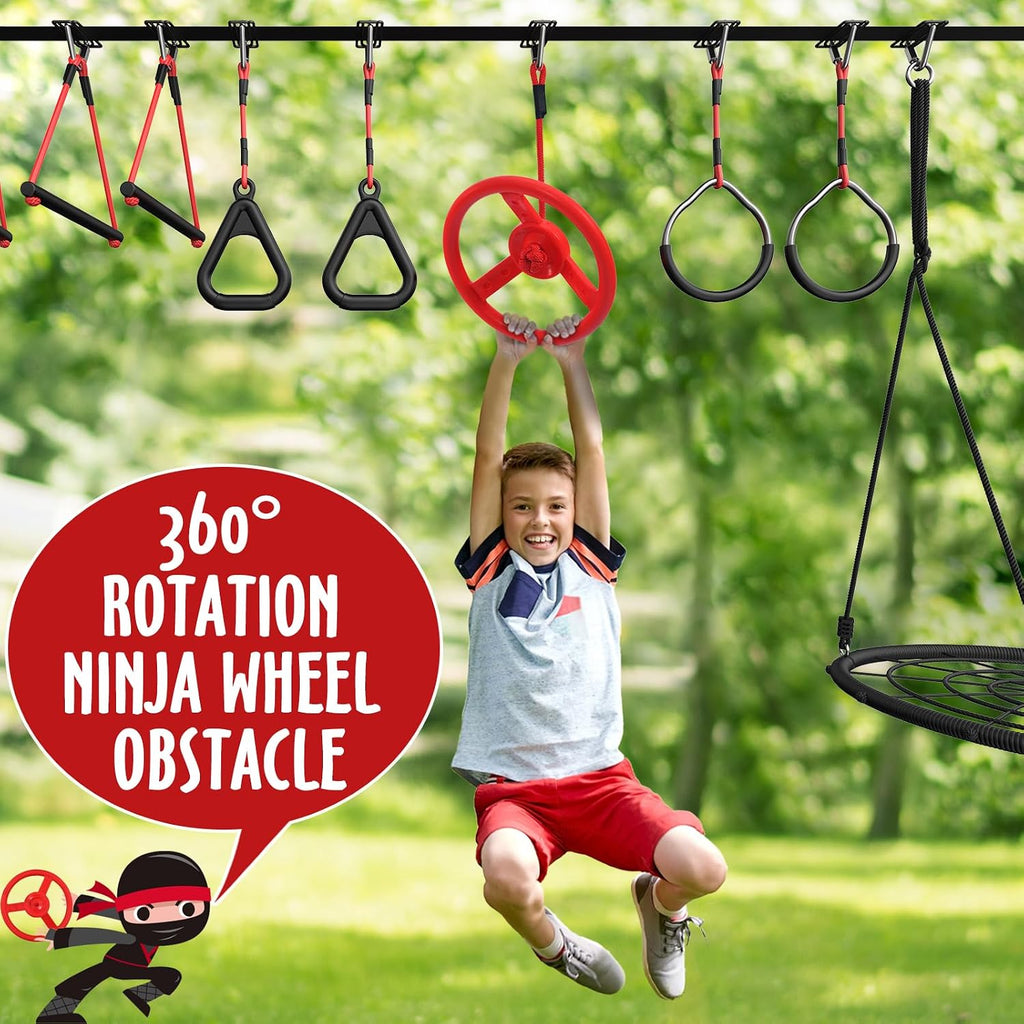 Hapfan 50 ft Ninja Warrior Obstacle Course for Kids with Spider Tree Swing | Slackline Swing Set Jungle Gym Between Trees – Adjustable, Weatherproof Obstacles, 880lbs Capacity