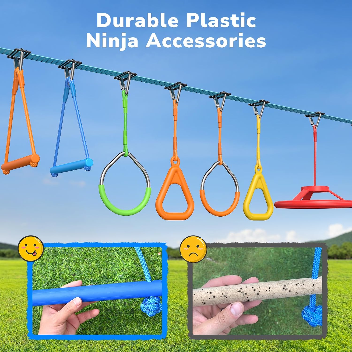 Hapfan 50 ft Ninja Warrior Obstacle Course Swing Set for Kids Outside | Includes 32" Saucer Tree Swing &amp; Adjustable Obstacles, Outdoor Tree Jungle Gym with Monkey Bars, ASTM Certified Playset