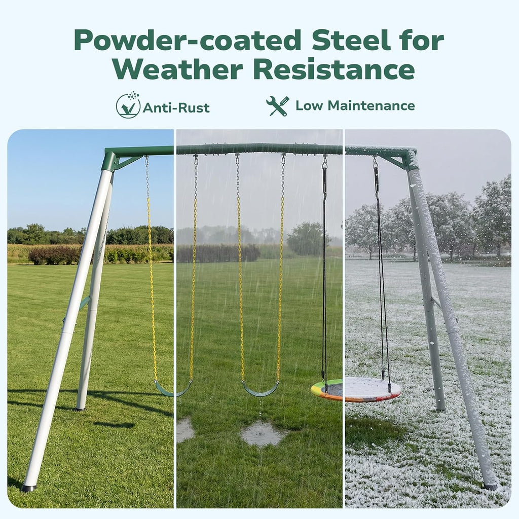 Hapfan 9.5ft Tall Swing Sets for Backyard for Big Kids & Adults (Patented) | 76mmφ Heavy Duty Metal Stand,600lbs Capacity,Saucer Swing+2 Belt Swings, ASTM | CPSC Compliant, Outdoor Swing Set for Family