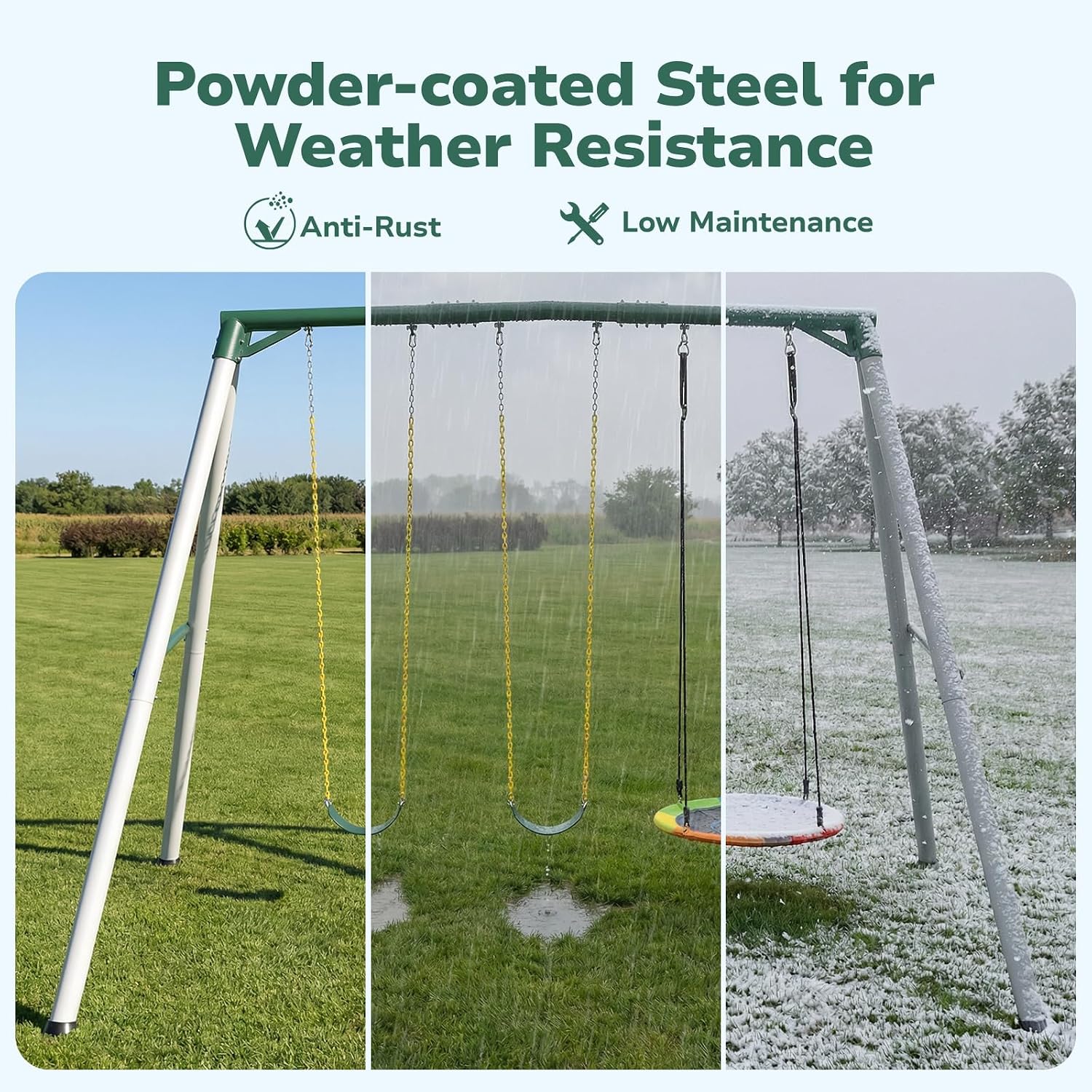 Hapfan 9.5ft Tall Swing Sets for Backyard for Big Kids & Adults (Patented) | 76mmφ Heavy Duty Metal Stand,600lbs Capacity,Saucer Swing+2 Belt Swings, ASTM | CPSC Compliant, Outdoor Swing Set for Family