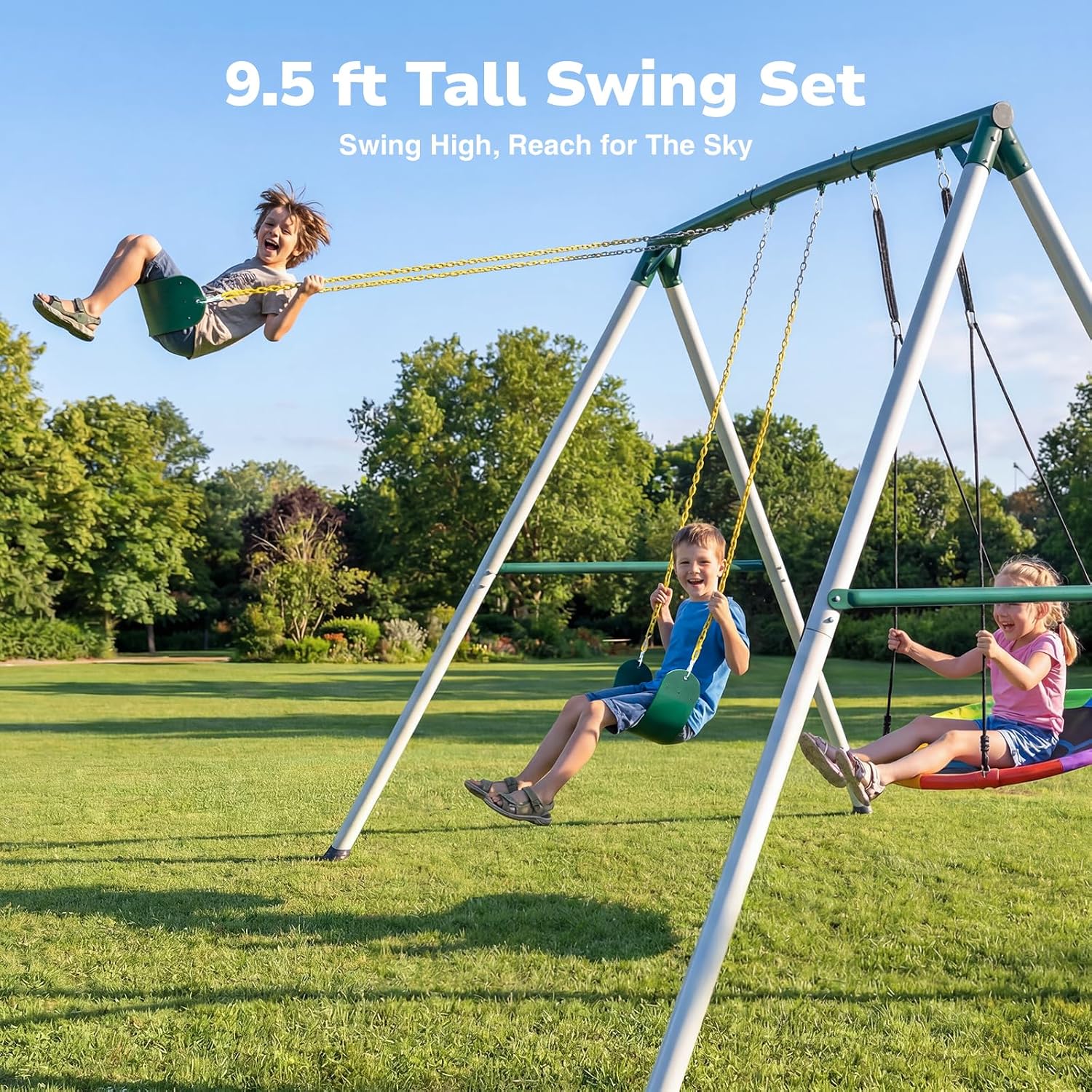 Hapfan 9.5ft Tall Swing Sets for Backyard for Big Kids & Adults (Patented) | 76mmφ Heavy Duty Metal Stand,600lbs Capacity,Saucer Swing+2 Belt Swings, ASTM | CPSC Compliant, Outdoor Swing Set for Family