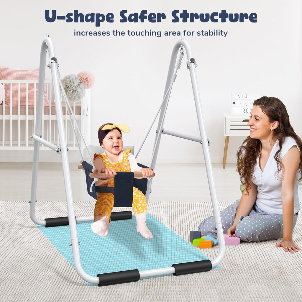 Hapfan Baby Swing Set with Foldable Stand for Indoors & Outdoors | Heavy Duty 32mm φ Metal Frame, Cotton Swing with Safety Harness, Adjustable Seat Height, Bearing 55lbs, for Toddler 6–36M