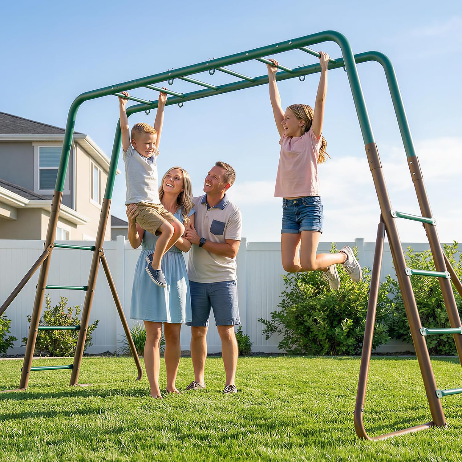 Hapfan 2 in 1 Swing Sets for Backyard with Monkey Bars | 7.55 ft long monkey bars, 2 Belt Swings + 1 Trapeze Bar, 45mmφ Heavy Duty Metal Stand，10in Taller than Others,Green & Brown
