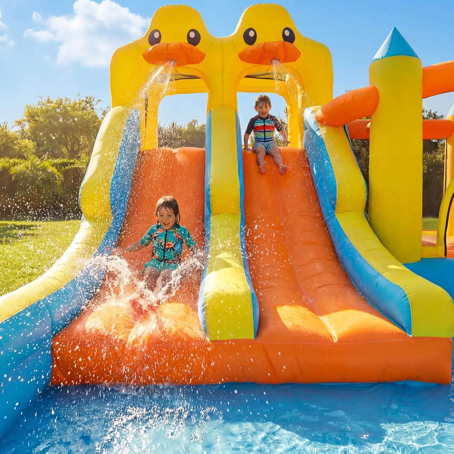 Hapfan Water Bounce House with Double Slide, 11 in 1 Inflatable Water Park | Market Stand+ Water Gun+ Splash Pool+ Climbing Wall+ Basketball,750W Blower Included,ASTM Tested | CPSC Safety Compliant