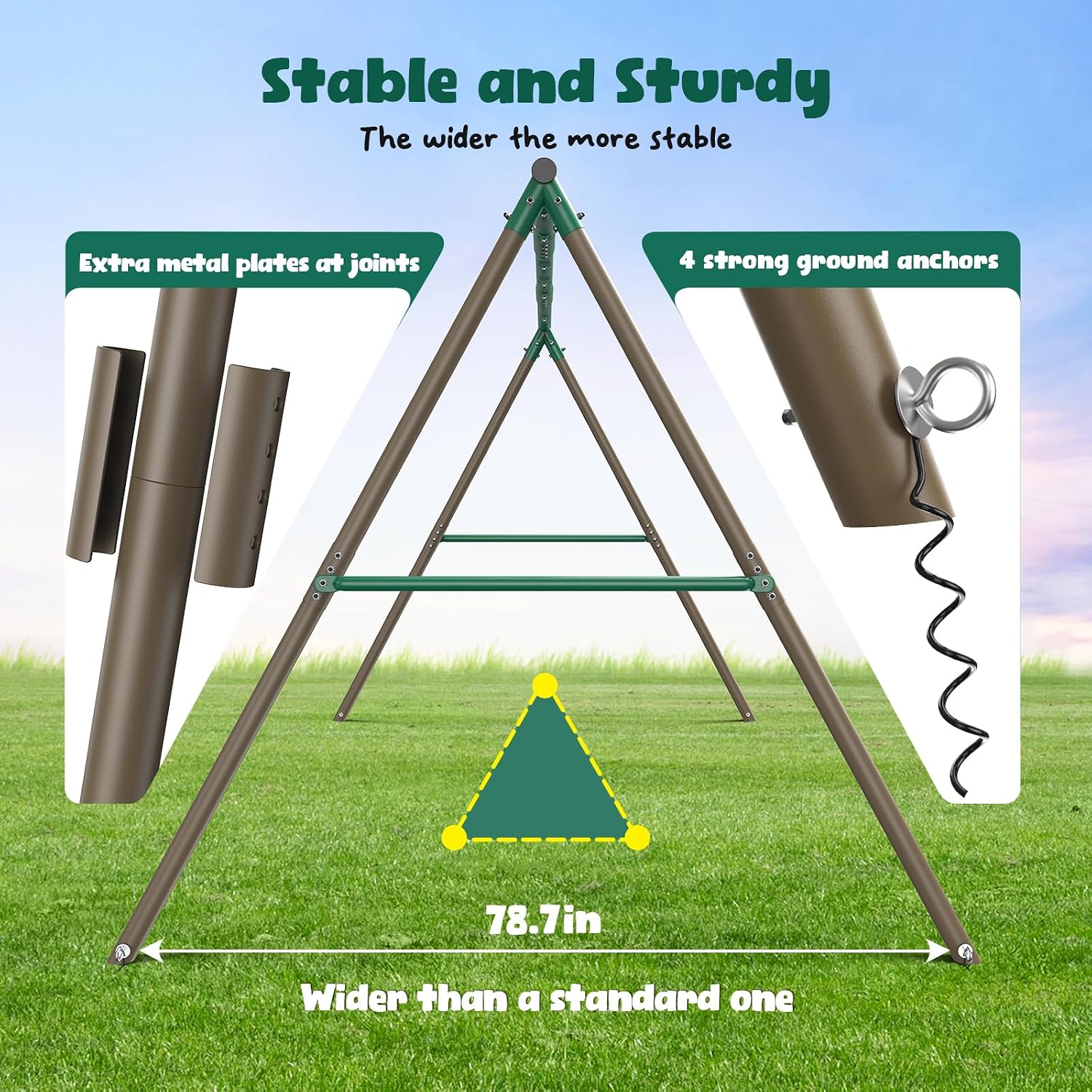 Hapfan 7.3ft Tall Swing Set for Backyard with 3 Swings (Brown &amp; Green) | 60mmφ Metal Pipe,Platform Swing + 2 Belt Swings,for Kids from Toddler to Teens, ASTM Tested | CPSC Safety Compliant(Patented)