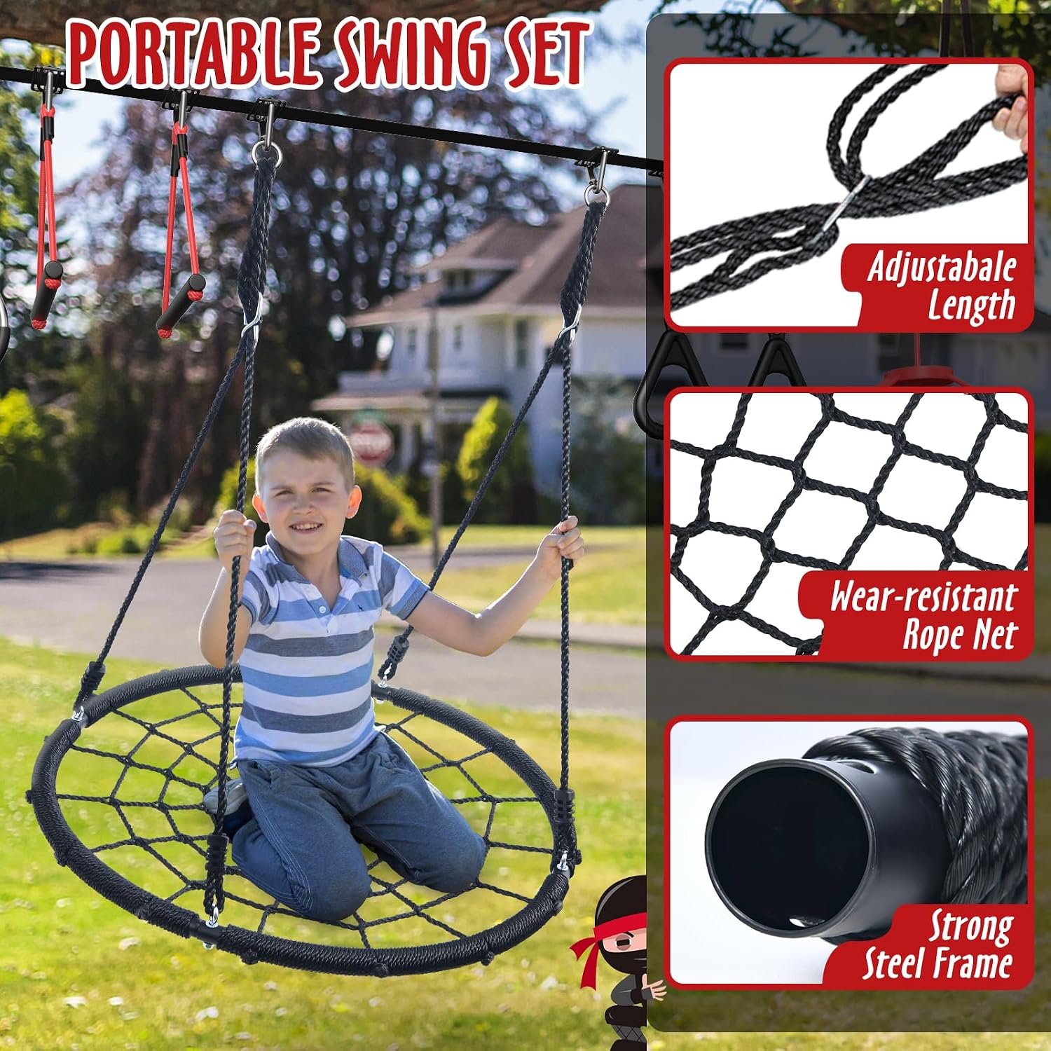 Hapfan 50 ft Ninja Warrior Obstacle Course for Kids with Spider Tree Swing | Slackline Swing Set Jungle Gym Between Trees – Adjustable, Weatherproof Obstacles, 880lbs Capacity