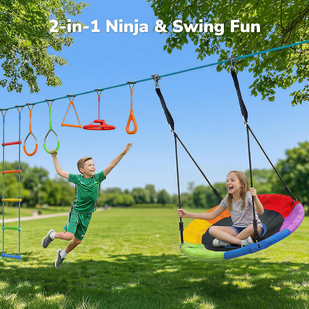Hapfan 50 ft Ninja Warrior Obstacle Course Swing Set for Kids Outside | Includes 32" Saucer Tree Swing &amp; Adjustable Obstacles, Outdoor Tree Jungle Gym with Monkey Bars, ASTM Certified Playset