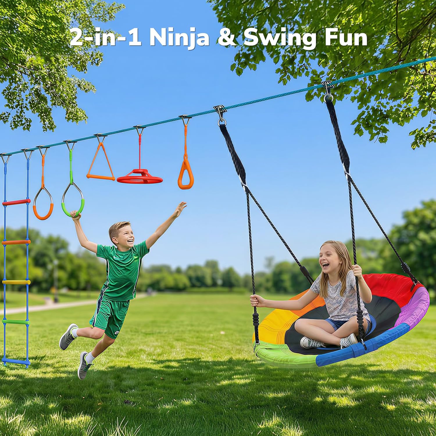 Hapfan 50 ft Ninja Warrior Obstacle Course Swing Set for Kids Outside | Includes 32" Saucer Tree Swing &amp; Adjustable Obstacles, Outdoor Tree Jungle Gym with Monkey Bars, ASTM Certified Playset