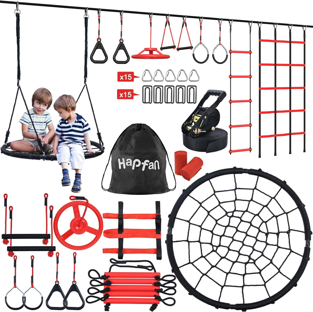 Hapfan 50 ft Ninja Warrior Obstacle Course for Kids with Spider Tree Swing | Slackline Swing Set Jungle Gym Between Trees – Adjustable, Weatherproof Obstacles, 880lbs Capacity