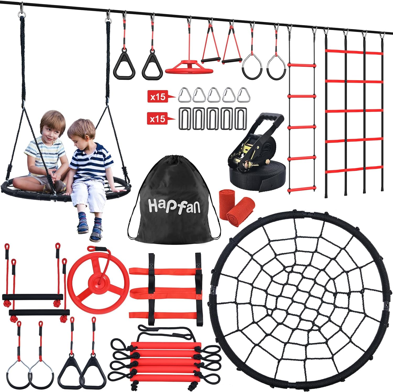 Hapfan 50 ft Ninja Warrior Obstacle Course for Kids with Spider Tree Swing | Slackline Swing Set Jungle Gym Between Trees – Adjustable, Weatherproof Obstacles, 880lbs Capacity