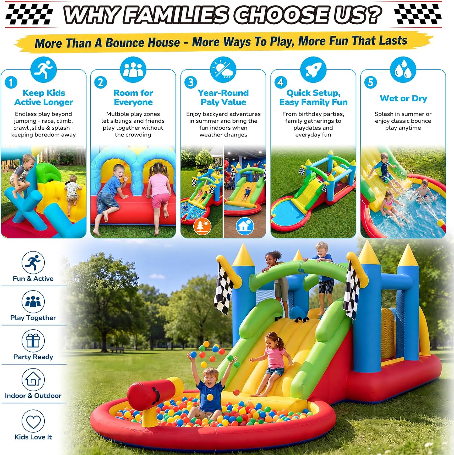 Hapfan Wet/Dry Inflatable Obstacle Course Bounce House,with 680W Blower | with Ball Pit + Double Slide + Tunnel + Climbing Wall,Design for Indoors & Outdoors,ASTM Tested | CPSC Safety Compliant