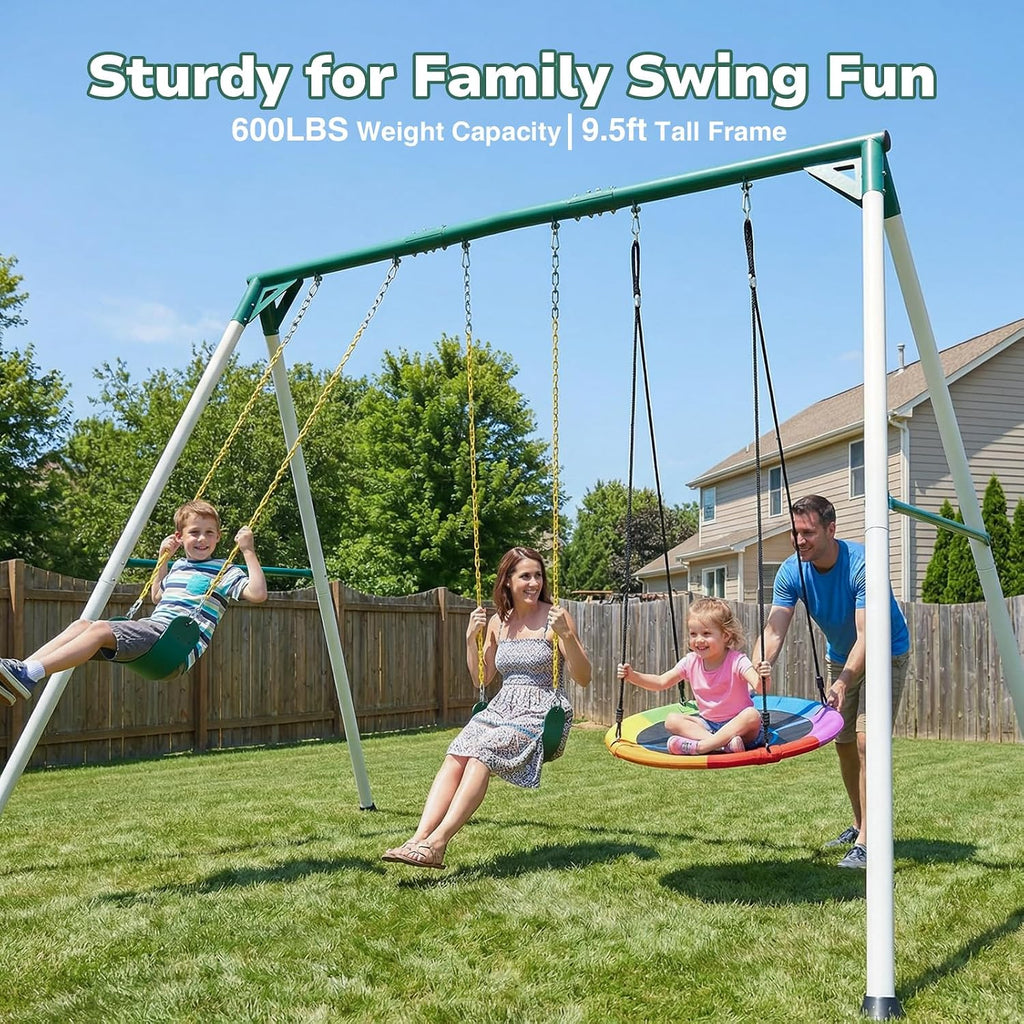 Hapfan 9.5ft Tall Swing Sets for Backyard for Big Kids & Adults (Patented) | 76mmφ Heavy Duty Metal Stand,600lbs Capacity,Saucer Swing+2 Belt Swings, ASTM | CPSC Compliant, Outdoor Swing Set for Family