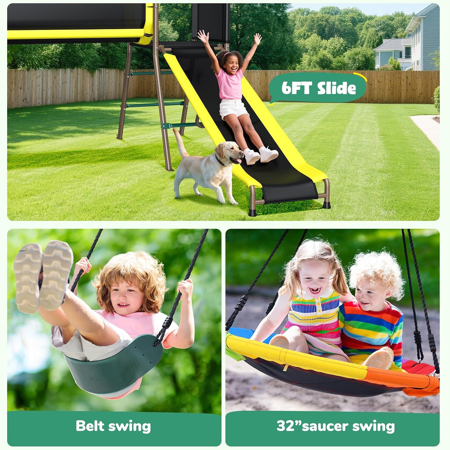 Hapfan Swing Set with Slide,Crawl Tunnel and Monkey Bars for Backyard | 5 in 1 Jungle Gym Outdoor : Saucer Swing + Belt Swing + Slide + Tunnel+ Monkey Bar,Galvanized Pipe, ASTM | CPSC Compliant