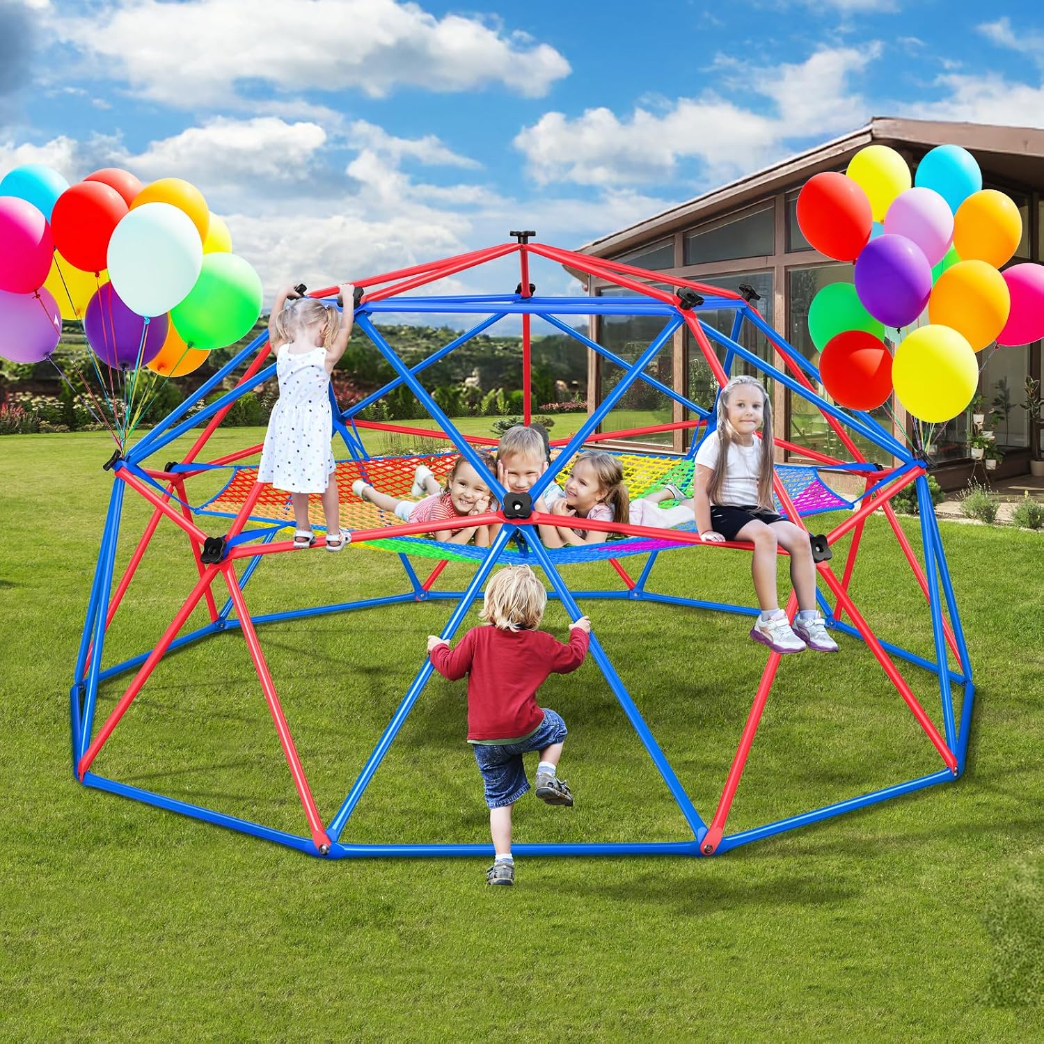 Hapfan 10 ft Climbing Dome with Climbing Cargo Net for Kids 3-12 | Jungle Gym Climber with Net Hammock for Backyard Outside, Outdoor Dome Playset Monkey Bars, Supports 800 lbs, 3D Setup Video