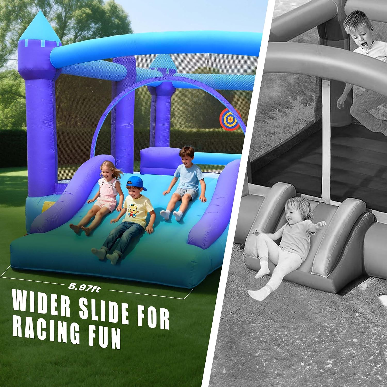 Hapfan 15ft x 12ft Large Bounce House for Big Kids,with 750W Blower-Purple | 5-in-1: Bouncer + Slide + Basketball + Dartboard + Barrier, for Kids 3-12, Holds 6 Kids,Bearing 600lbs,ASTM | CPSC Compliant