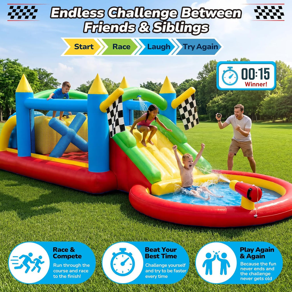 Hapfan Wet/Dry Inflatable Obstacle Course Bounce House,with 680W Blower | with Ball Pit + Double Slide + Tunnel + Climbing Wall,Design for Indoors & Outdoors,ASTM Tested | CPSC Safety Compliant