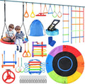 Hapfan 50 ft Ninja Warrior Obstacle Course Swing Set for Kids Outside | Includes 32" Saucer Tree Swing &amp; Adjustable Obstacles, Outdoor Tree Jungle Gym with Monkey Bars, ASTM Certified Playset