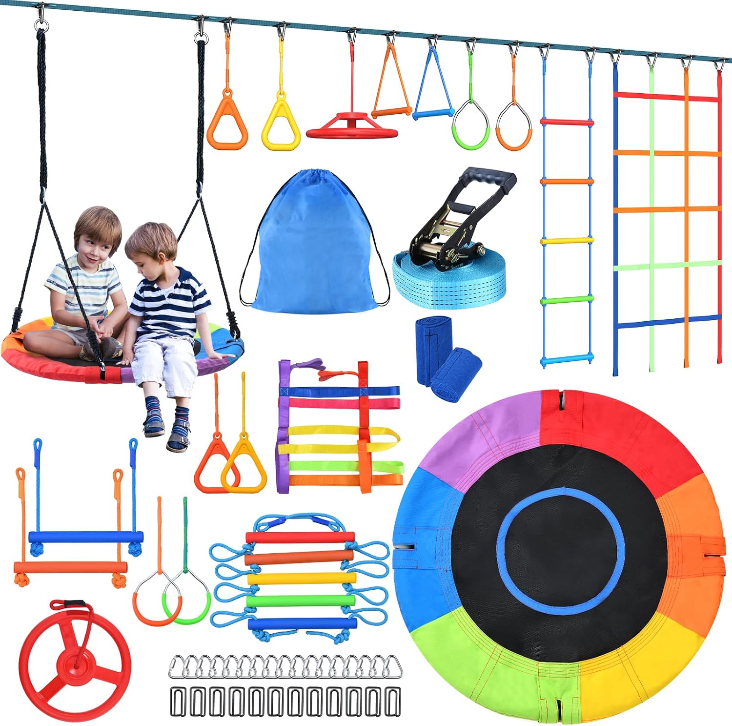 Hapfan 50 ft Ninja Warrior Obstacle Course Swing Set for Kids Outside | Includes 32" Saucer Tree Swing &amp; Adjustable Obstacles, Outdoor Tree Jungle Gym with Monkey Bars, ASTM Certified Playset