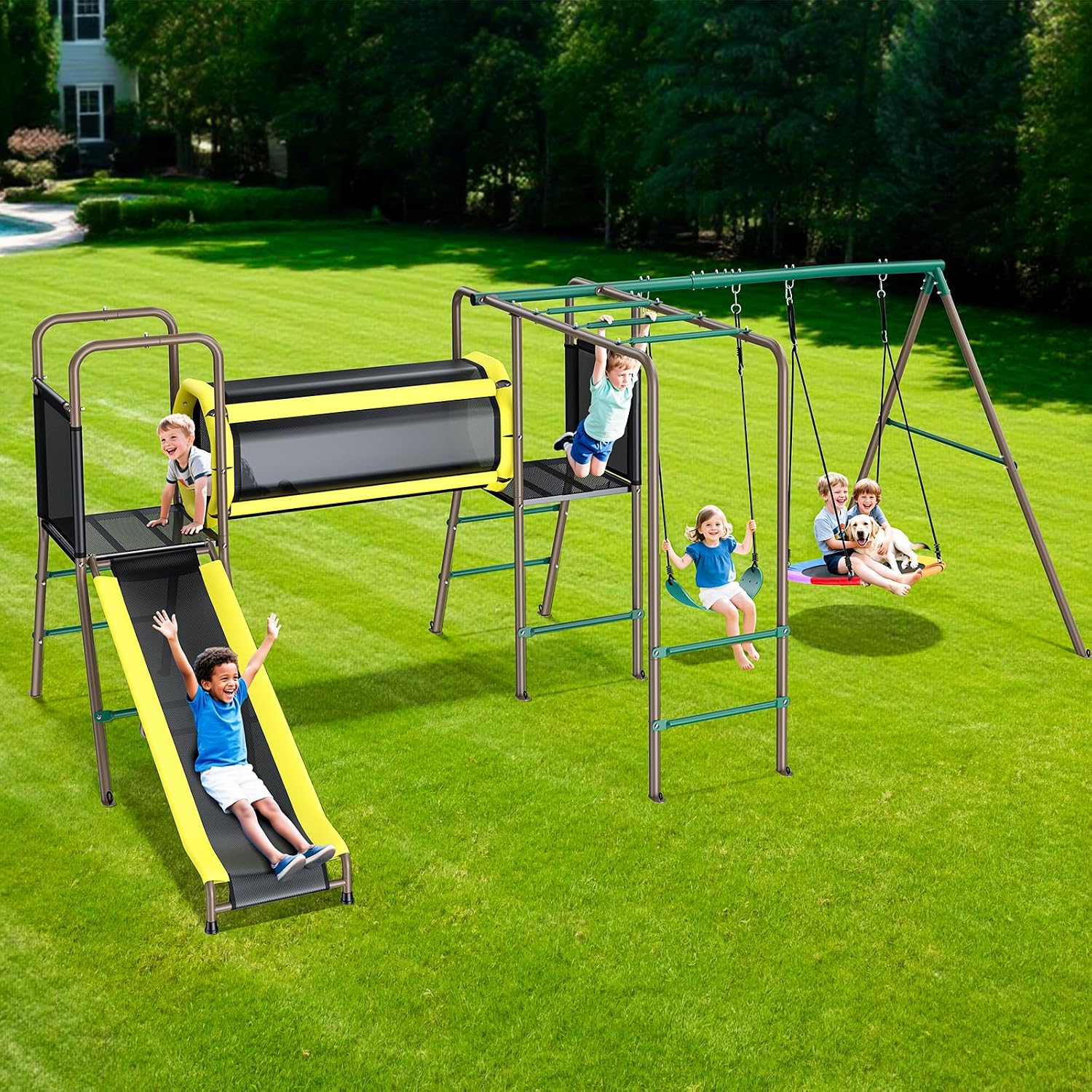 Hapfan Swing Set with Slide,Crawl Tunnel and Monkey Bars for Backyard | 5 in 1 Jungle Gym Outdoor : Saucer Swing + Belt Swing + Slide + Tunnel+ Monkey Bar,Galvanized Pipe, ASTM | CPSC Compliant