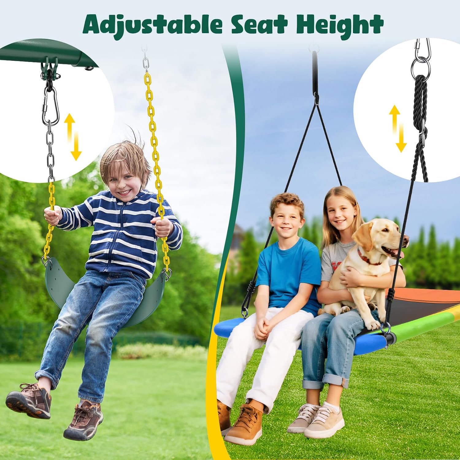 Hapfan 7.3ft Tall Swing Set for Backyard with 3 Swings (Brown &amp; Green) | 60mmφ Metal Pipe,Platform Swing + 2 Belt Swings,for Kids from Toddler to Teens, ASTM Tested | CPSC Safety Compliant(Patented)